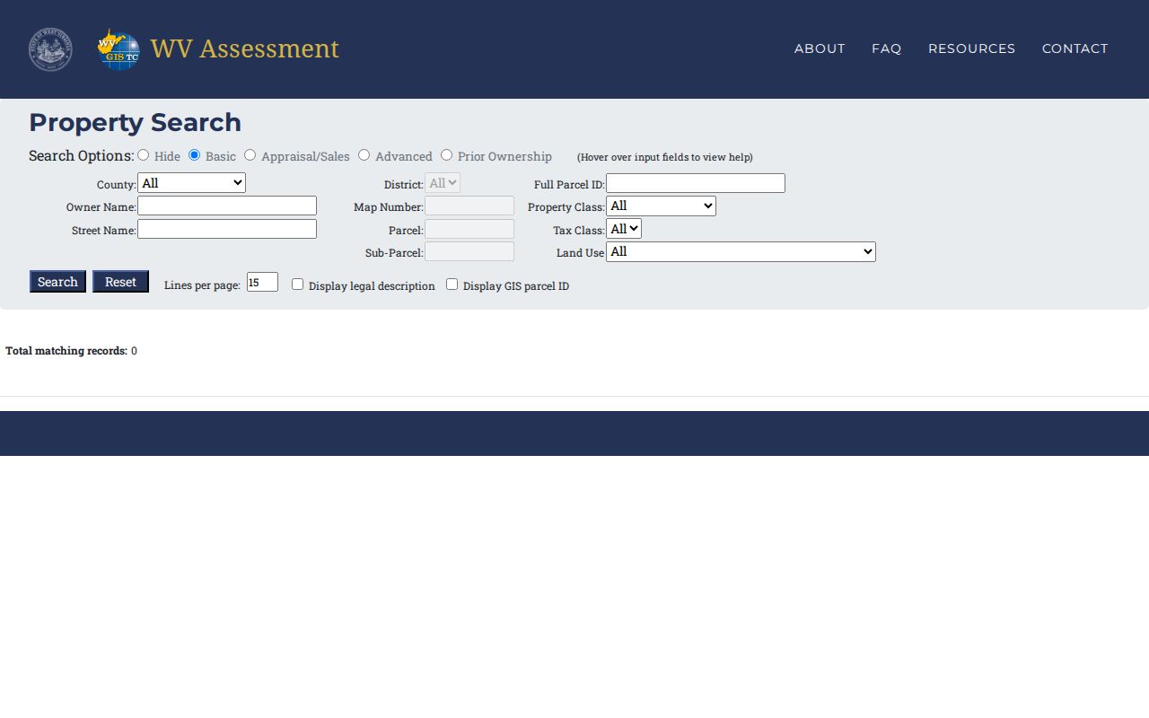 State assessment search fields for the Monongalia County street directory