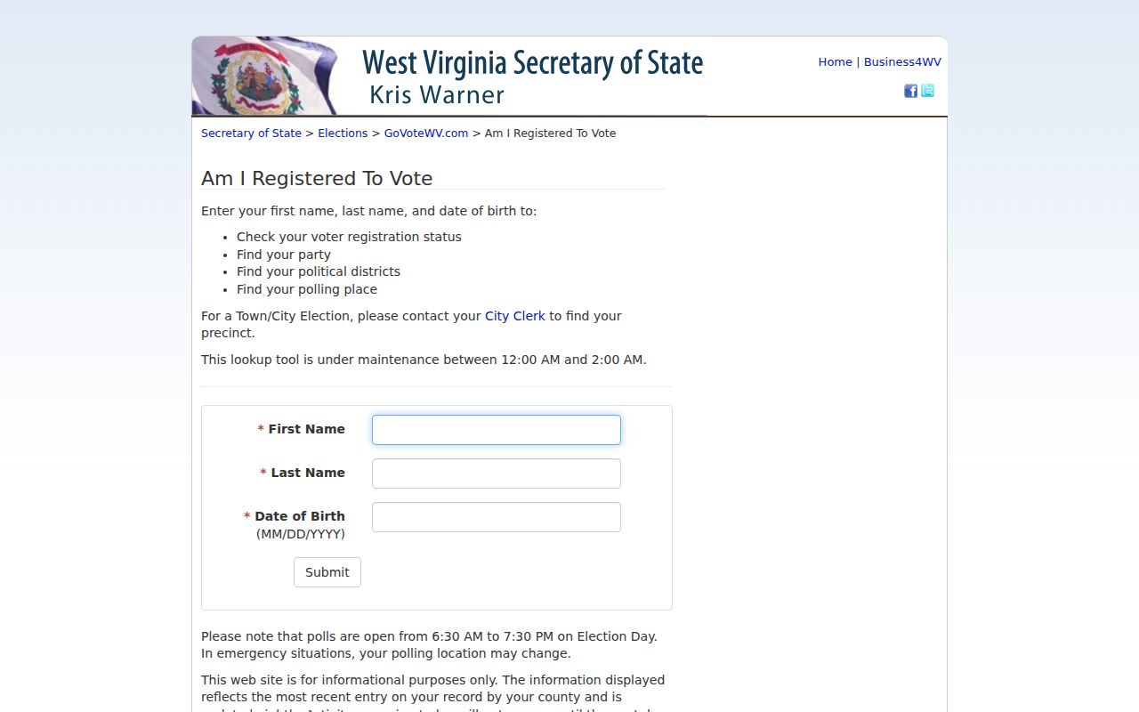 Official voter status tool used for a Monongalia County resident lookup